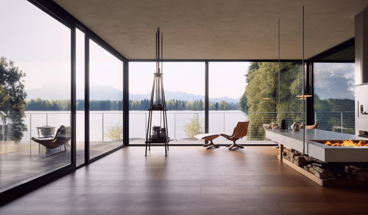 terrace overlooking a tranquil lake