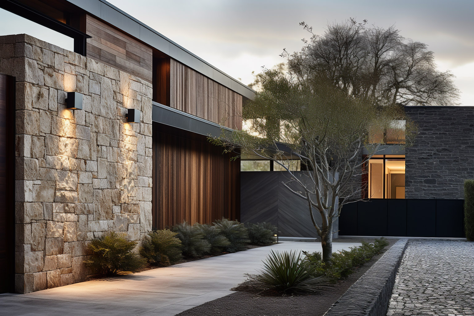 modern villa design, natural stone and timber